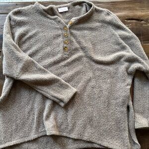 Pink Lily Taupe Button-Placket Scoop Neck Sweater